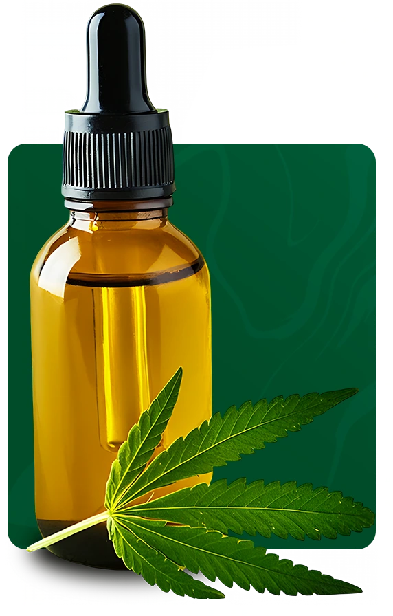 Frasco de remédio medicinal contendo uma folha de cannabis na frente